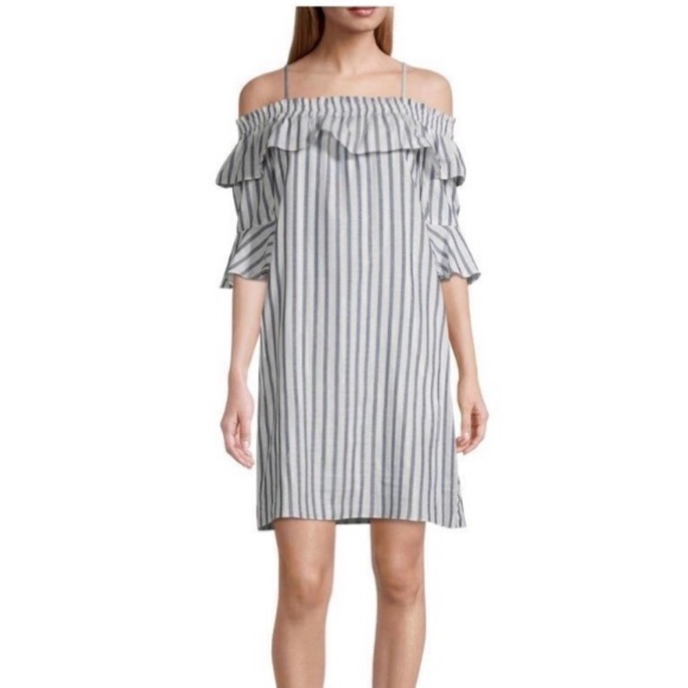 VIVI BY VIOLET Weekend Shift Dress Stripe Large Cotton Blue White Coastal Resort